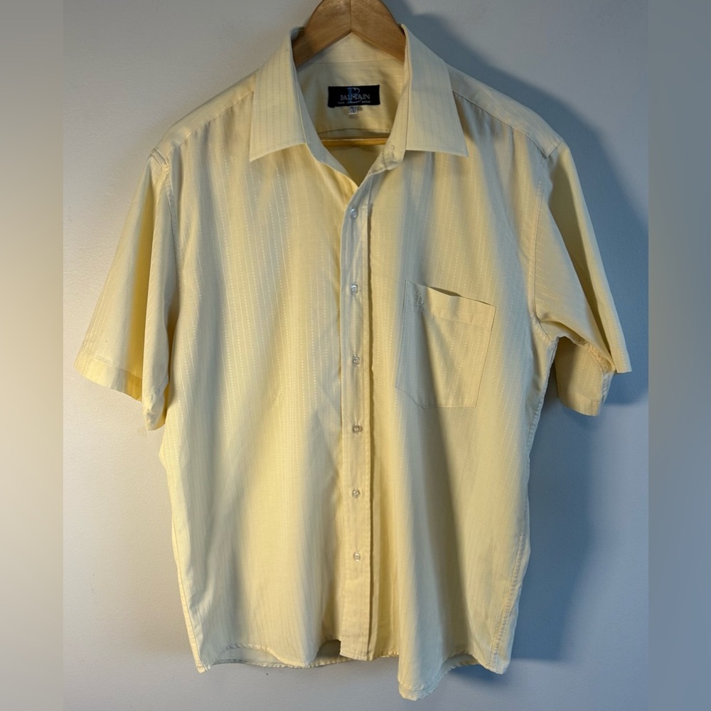 Balmain Paris Saphir Mens Button Up Shirt SS Size 41/42 Yellow Pin Stripes